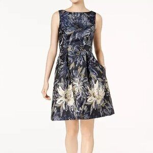 NWT Navy Floral Metallic Brocade Fit & Flare Dress | Party Dress | pockets SZ 18